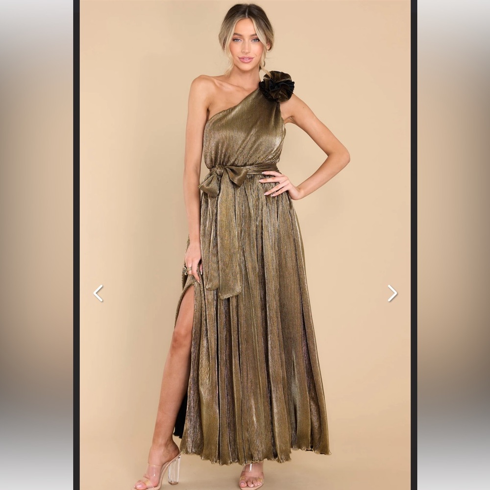 NEW - never worn gold one shoulder dress with slit. size S